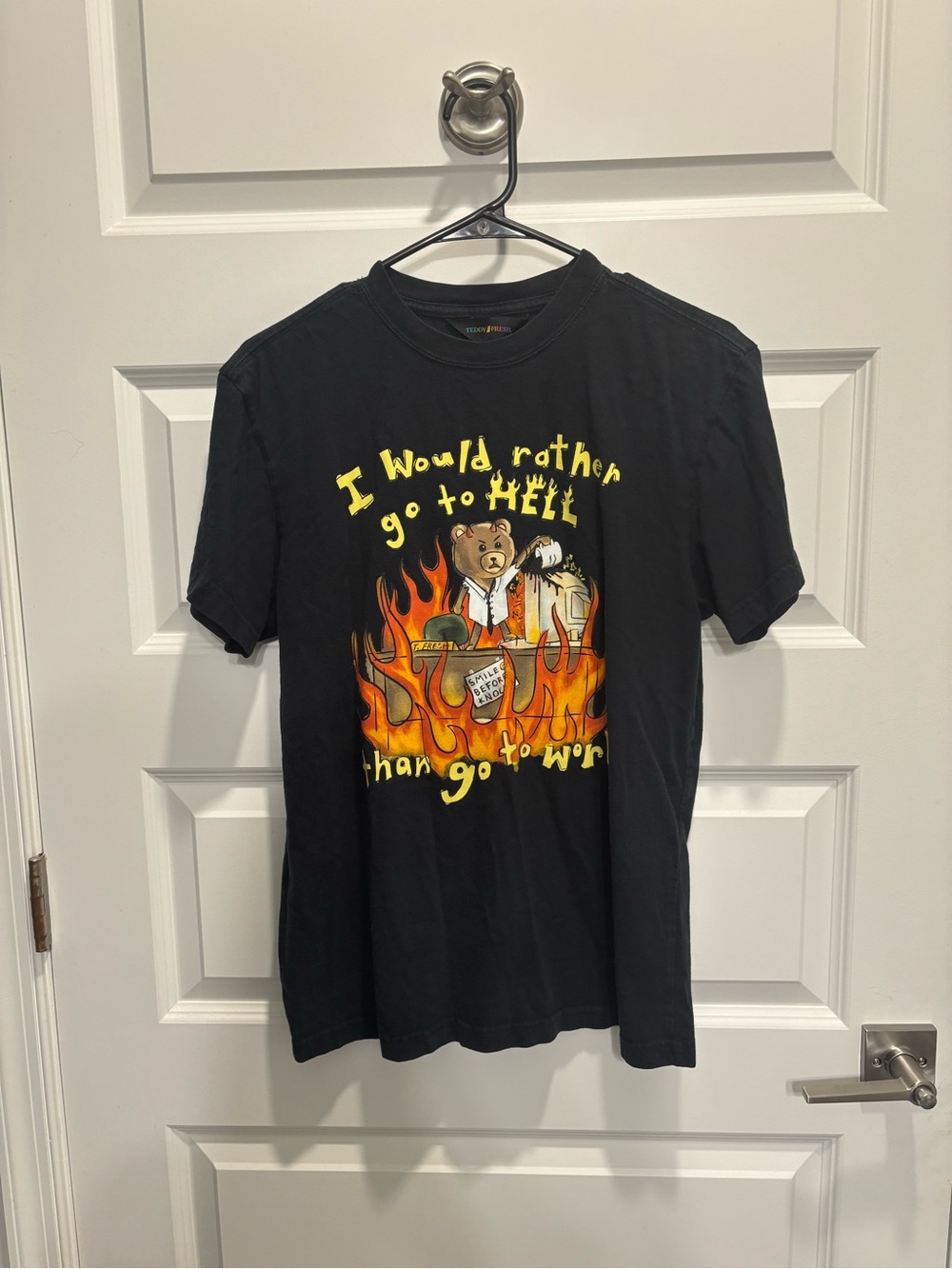 Teddy Fresh Black Tee with Yellow Text and Orange Flame Bear Graphic